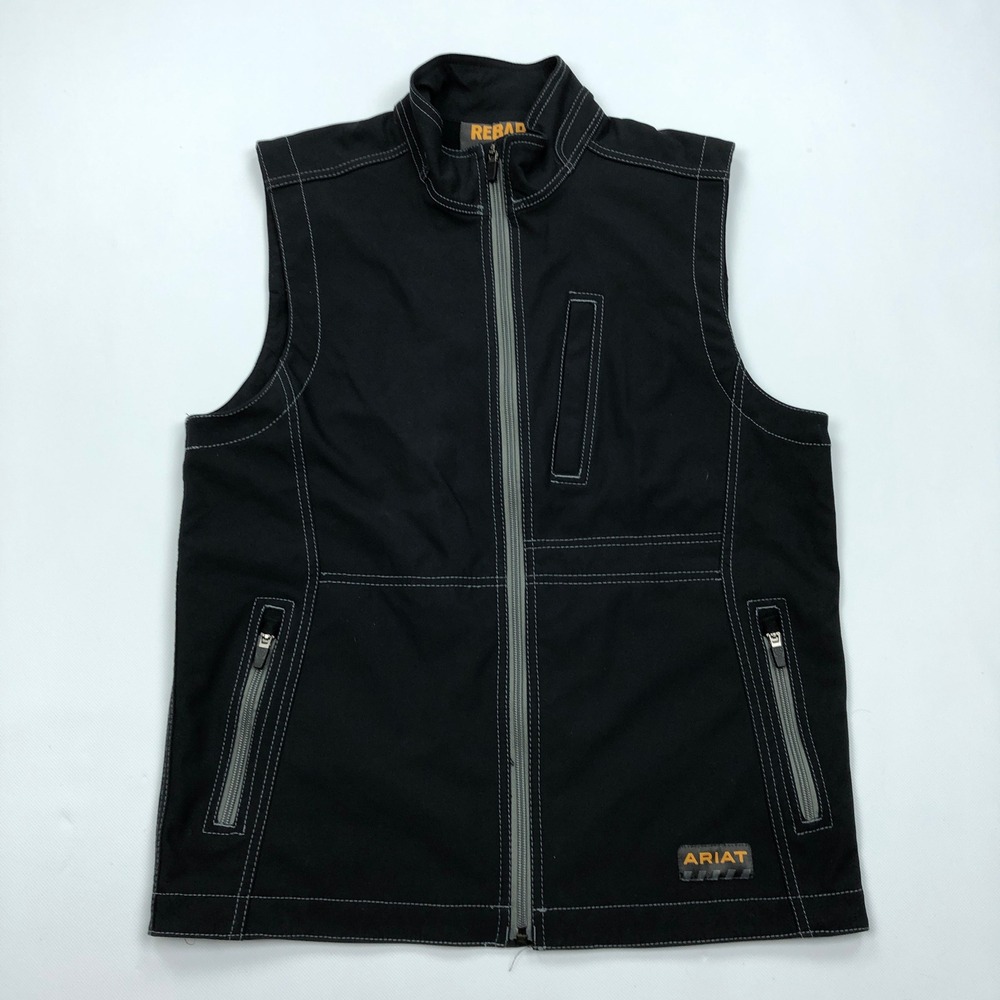 Ariat Rebar Mens Small Black Softshell Work Vest Full Zip Contrast Stitching